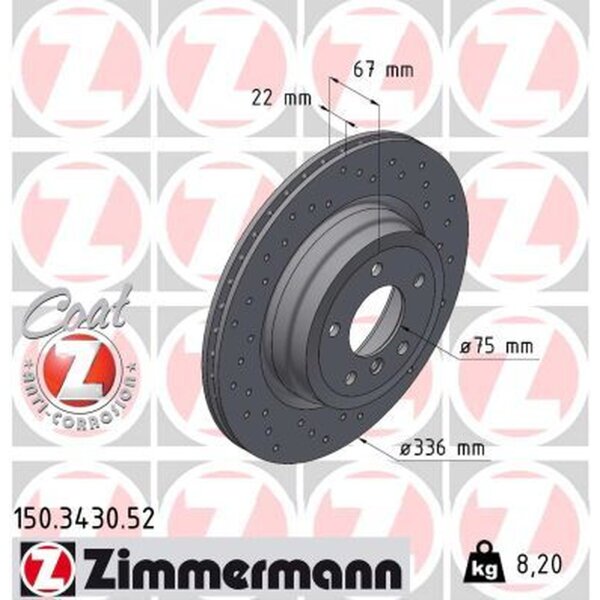 Bremsscheibe ZIMMERMANN 150.3430.52 Hinterachse 336mm gelocht