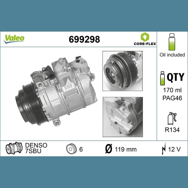 Klimakompressor VALEO 699298 171ccm Keilrippenriemen - 1 Stück