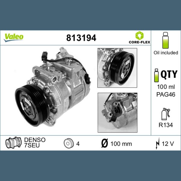 Klimakompressor VALEO 813194 7SEU Keilrippenriemen 100mm - 1 Stück