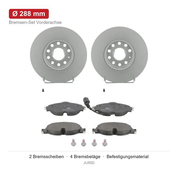 JURID Bremsscheiben Ø288 mm + Bremsbeläge vorne für AUDI A3 Sportback 8VA 8VF 1.2 1.4 TFSI