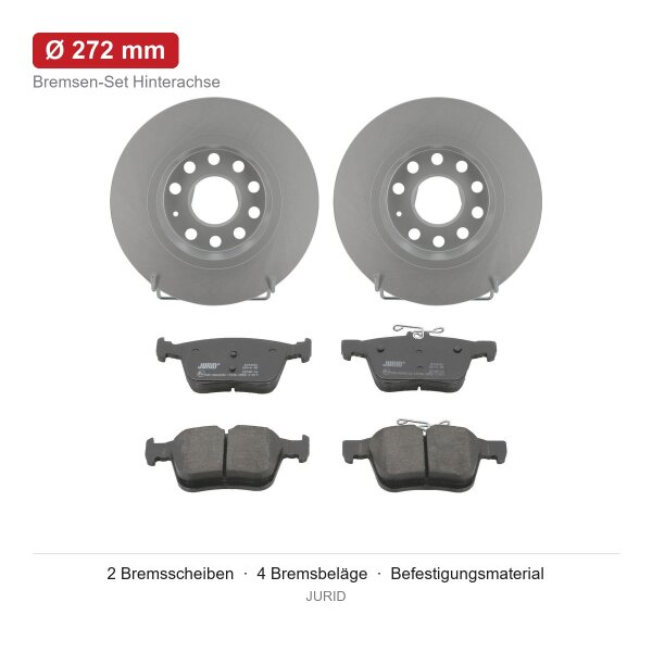 JURID Bremsscheiben Ø272 mm + Bremsbeläge hinten für AUDI A3 Sportback 8VA 8VF 1.2 1.4 2.0 TFSI