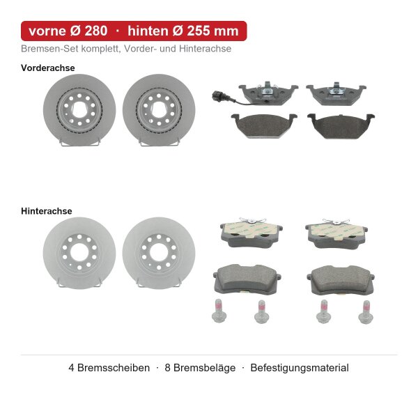 JURID Bremsscheiben + Bremsbeläge vorne Ø280 + hinten Ø255 mm für SEAT LEON 1P1