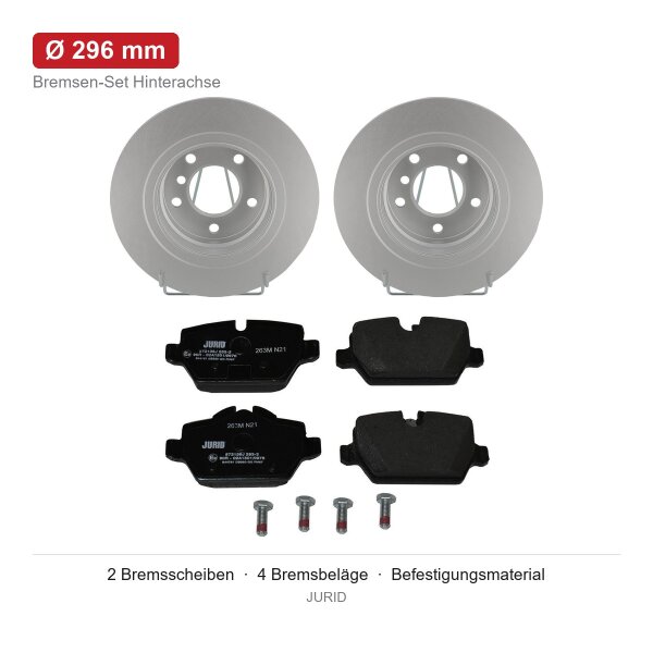 JURID Bremsscheiben Ø296 mm + Bremsbeläge hinten für BMW 3 E90 318 i 2005-2007