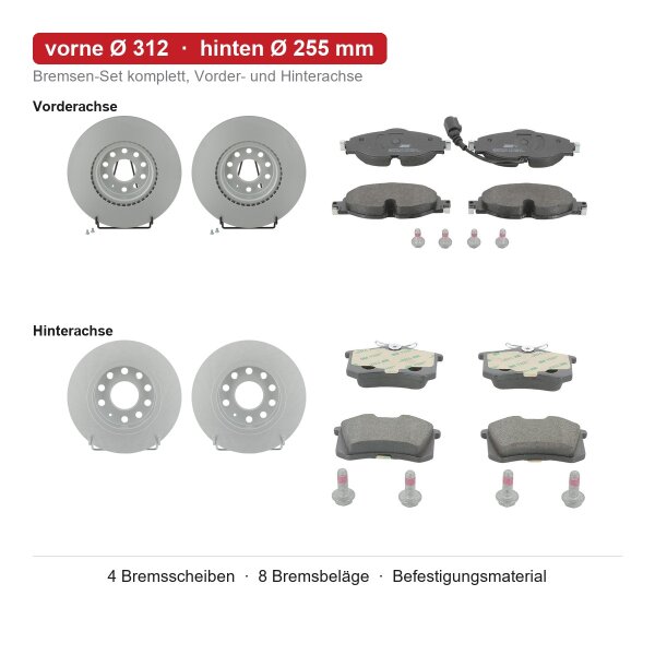 JURID Bremsscheiben + Bremsbeläge vorne Ø312 + hinten Ø255 mm für SKODA OCTAVIA III 5E3 NL3 NR3