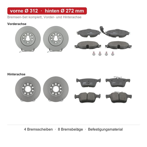 JURID Bremsscheiben + Bremsbeläge vorne Ø312 + hinten Ø272 mm für AUDI A3 Limousine 8VS 8VM