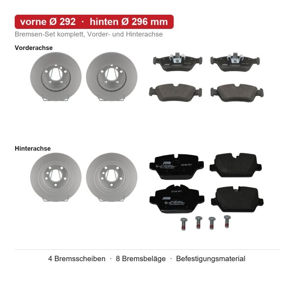 JURID Bremsscheiben + Bremsbeläge vorne Ø292 + hinten Ø296 mm für BMW 3 E90 318 i 2005-2007