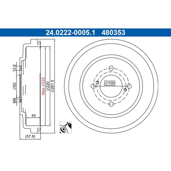 ATE 24.0222-0005.1 Bremstrommel